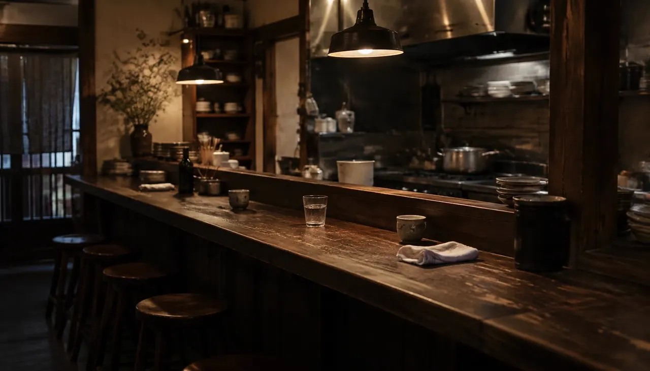 Wnętrze restauracji wieczorem — drewniany kontuar z widokiem na kuchnię w ciepłym świetle lamp